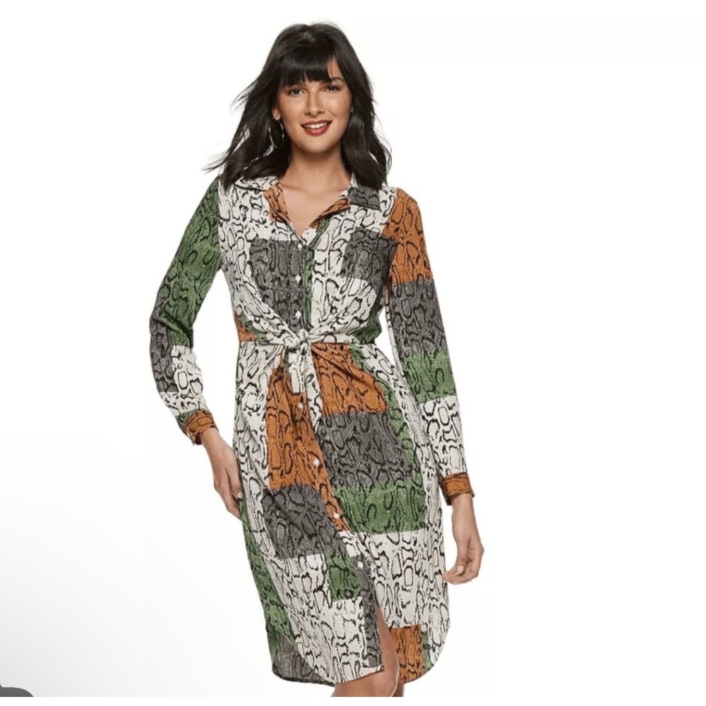 Nine West Snakeskin Shirt Dress‎ Colorblock Patchwork Twist Front Green Brown XS